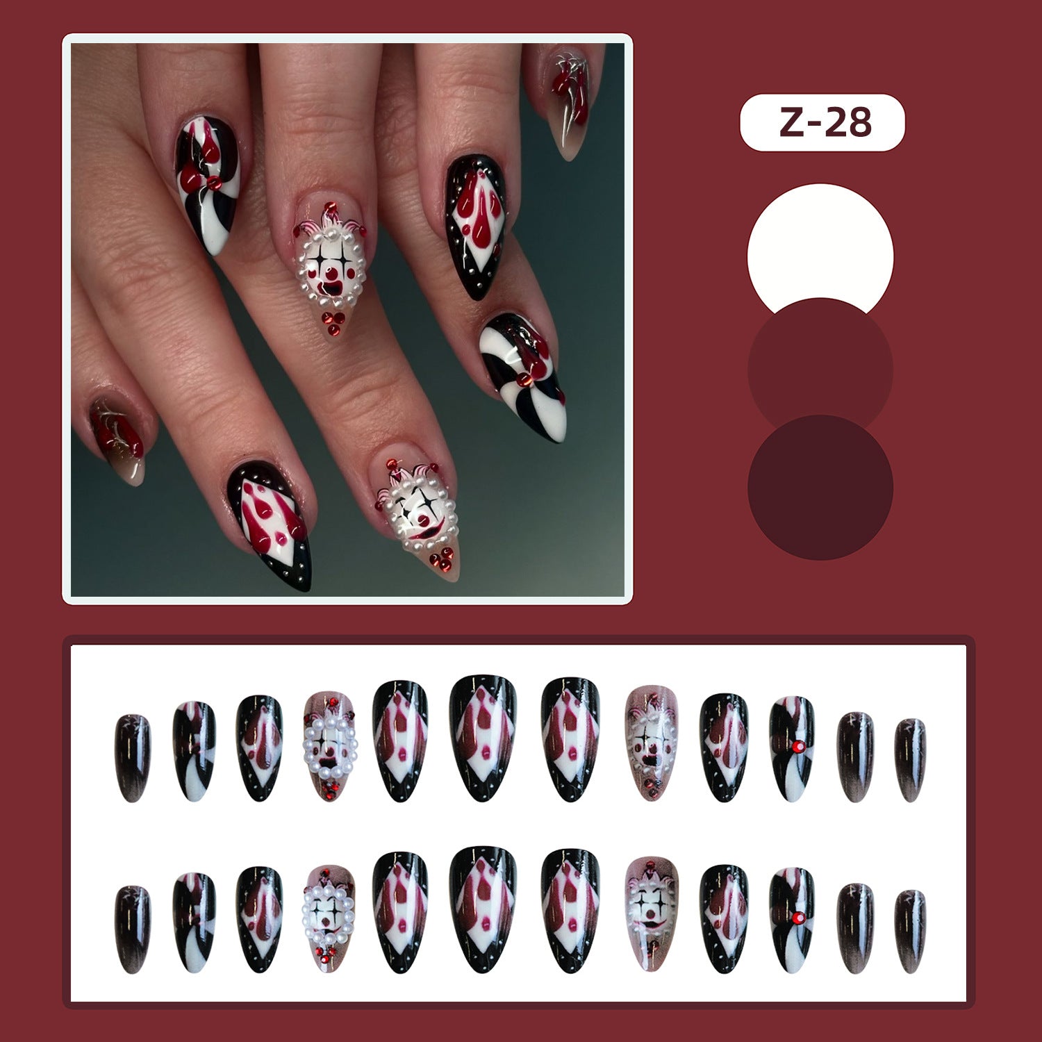 Wholesale Clown almond nail piece  ghost face blood drop stripes diamond wear armor